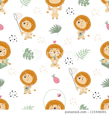 Lion seamless pattern. Decorative print for fabric or wrapping, childish textile design. Funny lions play music, jumping rope, nowaday vector background 115446091