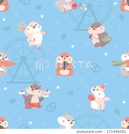 Hamsters seamless pattern. Cartoon funny hamster, domestic fluffy pets. Animalistic fabric wrapping print design, nowaday vector cute background 115446092