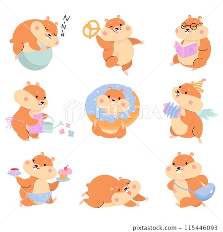 Cartoon hamsters. Cute fluffy hamster in different poses. Funny rodent sleepings, playing and eating. Fatty pets various situations, nowaday vector set Cartoon hamsters. Cute fluffy hamster in different poses. Funny rodent sleepings, playing and eating. Fatty pets various situations, nowaday vector set 115446093