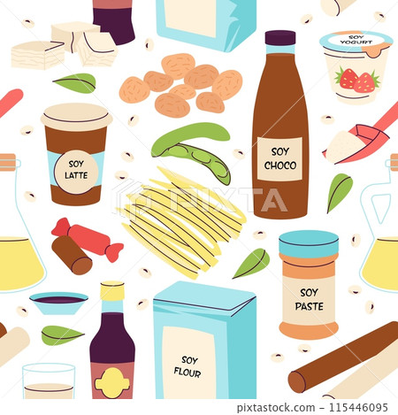 Soy seamless pattern. Soybean food and drink, tofu, milk and yogurt. Asian products fabric or wrapping print design. Ingredients decent vector background Soy seamless pattern. Soybean food and drink, tofu, milk and yogurt. Asian products fabric or wrapping print design. Ingredients decent vector background 115446095
