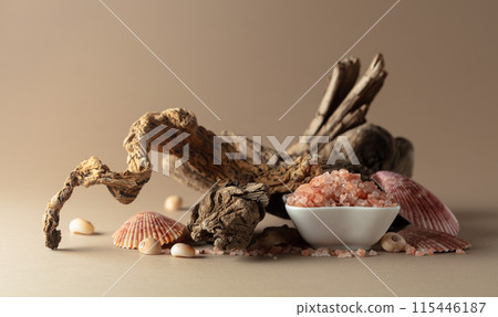 Pink himalayan salt with snags and seashells on a beige background. Pink himalayan salt with snags and seashells on a beige background. 115446187