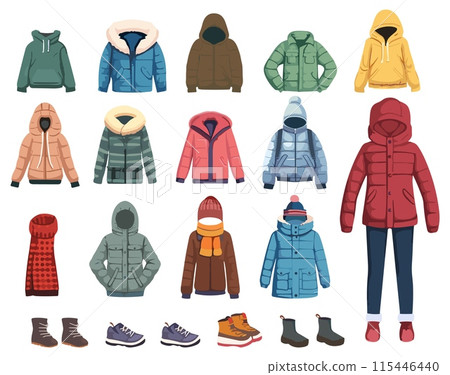 Winter and fall season clothes set. Casual stylish outfits. Seasonal autumn wear. Jacket shoes hat scarf and sweatshirt. Vector collection 115446440
