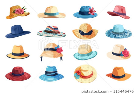 Summer hats and caps. Beach female headwear. Women fashion hat with flowers. Straw fashion accessories with ribbons. Colorful vector clipart 115446476