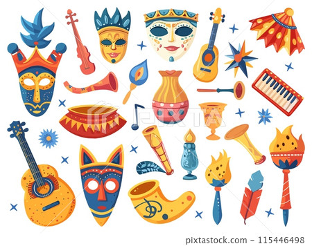 Purim festival elements. Carnival decorative masks, musical instruments. Jewish holiday accessories. Candles horns and fires, vector collection 115446498