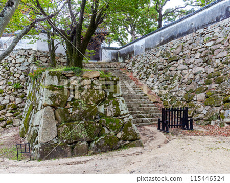 View of Okayama Castle's powerful stone walls: stone steps and gate 115446524