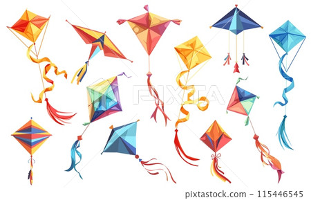 Kite set. Wind flying toys for children. Makar Sankranti festival symbols. Kites game, summer vacations childish toy. Vector clipart set 115446545