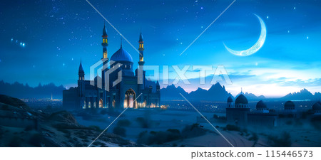 An illustration shows an amazing mosque with intricate architecture at night with star and moon. Spiritual value of mosque architecture in Muslim traditions. Generative AI. 115446573