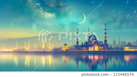 An illustration shows an amazing mosque with intricate architecture at night with star and moon. Spiritual value of mosque architecture in Muslim traditions. Generative AI. 115446574