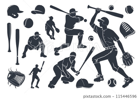 Baseball player throwing ball silhouette set. Active sport elements, athletes in active poses. Ball bat baseball glove and hats. Vector clipart set 115446596