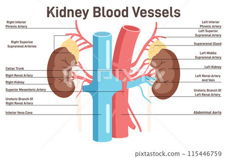 Human kidney blood vessels anatomy. Healthy internal organ and blood supply, artery and vein. Anatomy of human body, excretory system studying. Flat vector illustration 115446759