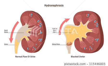 Hydronephrosis. Medical condition in which a kidney enlarge and swell as a result of urine accumulation. Kidney stone blocking the urine canal. Flat vector illustration Hydronephrosis. Medical condition in which a kidney enlarge and swell as a result of urine accumulation. Kidney stone blocking the urine canal. Flat vector illustration 115446803