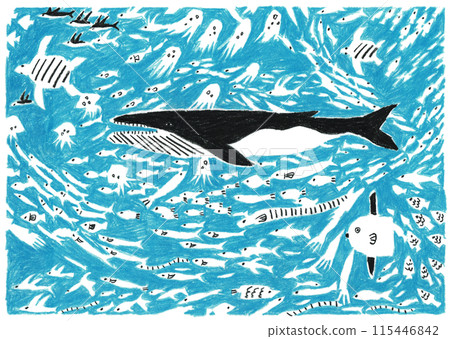 A school of fish swimming in the ocean. Hand-drawn illustration A school of fish swimming in the ocean. Hand-drawn illustration 115446842