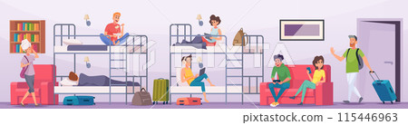 Hostel space. Students or tourists spend time in hostel room alternative home with bed and tables exact vector concept background of travelers 115446963