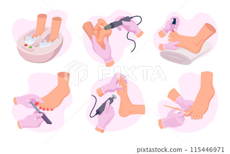 Pedicure. Treatment foot nails beauty salon cosmetic tools for pedicure exact vector cartoon template 115446971