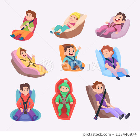 Kids transport seat. Safety secure places with baby seat exact toddlers travelers cartoon people 115446974