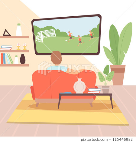 Watch tv men spend relax time on red sofa sitting and watching football 115446982