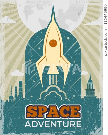 Poster rocket startup concept picture in retro style outdoor space exploration flying shuttle Poster rocket startup concept picture in retro style outdoor space exploration flying shuttle 115446990