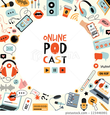 Podcast background audio and video broadcast show laptop tablets digital music devices headphones Podcast background audio and video broadcast show laptop tablets digital music devices headphones 115446991