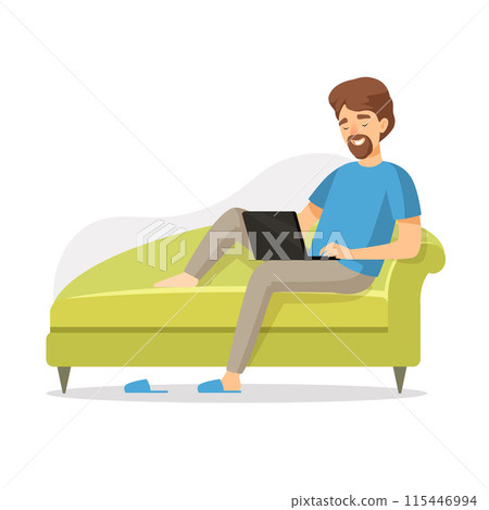 Man sitting on sofa freelancer working on sofa sitting with laptop 115446994
