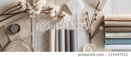 Natural Decor with White Flowers and Textiles 115447012