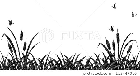 Wetland landscape silhouette. Cattail with grass and butterflies in grunge style 115447016