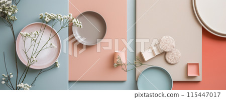 Minimalist Table Setting with Pastel Plates and Flowers Minimalist Table Setting with Pastel Plates and Flowers 115447017