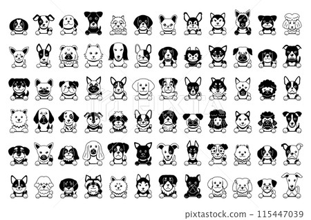 Different type of black and white vector cartoon dog faces Different type of black and white vector cartoon dog faces 115447039