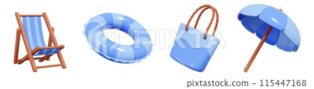 Summer sea beach vacation and swimming pool relax 3d render icons set. Summertime seashore trip and travel design elements - lounge chair and sunshade umbrella, inflatable ring and beach bag. Summer sea beach vacation and swimming pool relax 3d render icons set. Summertime seashore trip and travel design elements - lounge chair and sunshade umbrella, inflatable ring and beach bag. 115447168