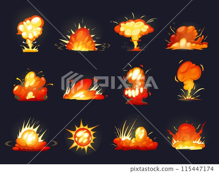 Bomb explosion cartoon effects. Explosions of dynamite bomb, gas or rockets. Bright fight game elements, detonation explosive nowaday vector set Bomb explosion cartoon effects. Explosions of dynamite bomb, gas or rockets. Bright fight game elements, detonation explosive nowaday vector set 115447174