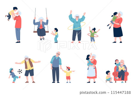 Grandparents with grandkids. Family time with book, play ball and hugging. Old people and children, elderly nanny and kid recent vector set 115447188