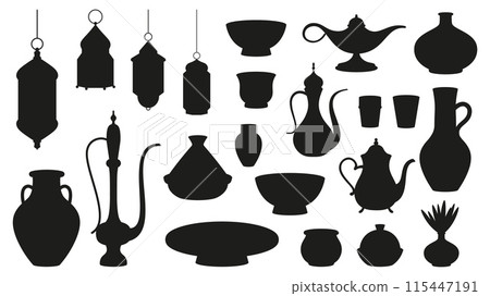 East moroccan crockery silhouettes. Arabic lantern black icons, jars and pots. Decorative vases classic style. Jugs silhouett, vector clipart 115447191