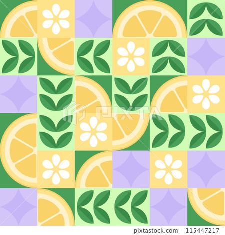Geometric fruits seamless pattern. Juicy lemon orange slices, flat flowers and leaves. Organic vitamin food, fabric wrapping print racy vector design Geometric fruits seamless pattern. Juicy lemon orange slices, flat flowers and leaves. Organic vitamin food, fabric wrapping print racy vector design 115447217
