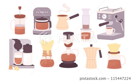 Coffee makers. French press filter and capsules. Espresso machine and cezve. Cafe or bakery equipment for morning energy hot drinks, racy vector set 115447224