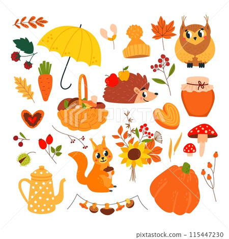 Hello autumn elements. Fall food and forest plants, cartoon owl hedgehog and squirrel. Teapot mushroom bouquet and umbrella, nature classy vector clipart 115447230
