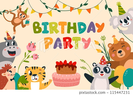 Birthday animal invitation. Children party card design with funny cartoon animals. Panda bear hippo monkey koala, festive cake, classy vector design Birthday animal invitation. Children party card design with funny cartoon animals. Panda bear hippo monkey koala, festive cake, classy vector design 115447231