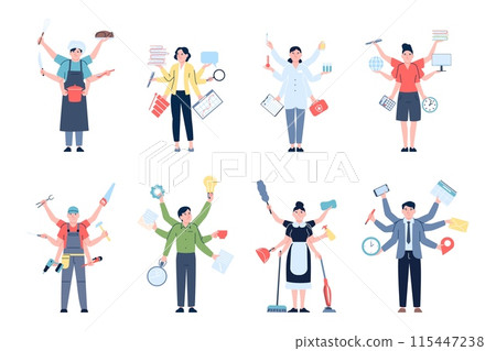 Multitasking professionals. Businessman accounting teacher doctor repair man chef and cleaning service. Workaholic recent vector characters 115447238