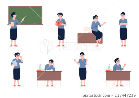 Teacher in different poses. Female at school blackboard, reading book thinking and talking. Studying process in classroom, recent vector character 115447239