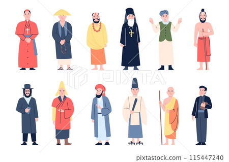 Religion characters. Men in priesthood, different churches leaders and monks. Christian muslim judaism and buddhism male, religious recent vector set 115447240