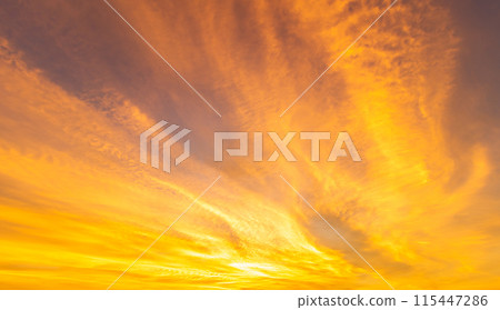 Twilight blue bright and orange yellow dramatic sunset sky in countryside or beach colorful cloudscape texture with white clouds air background. 115447286