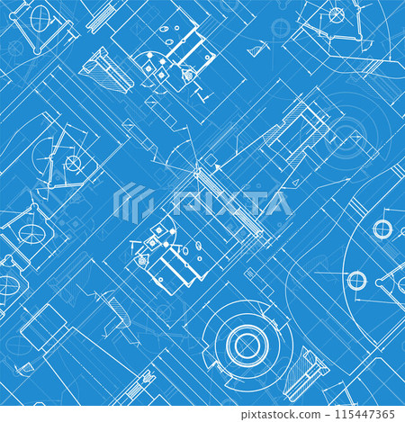 Mechanical engineering drawings on blue background. Tap tools, borer. Technical Design. Cover. Blueprint. Seamless pattern. Vector illustration. 115447365