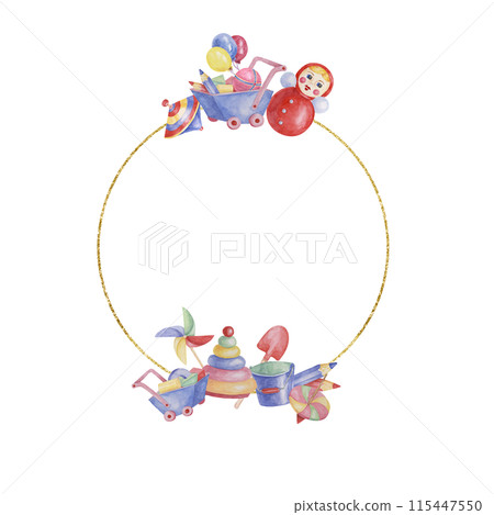 Toys round frame template, doll with pinwheel, humming top, balloons, blue cart and pencils. Watercolor play objects for birthday, gender reveal, baptism, birth announcement cards, playdate invitation 115447550