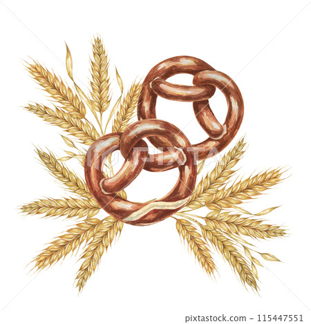 Pretzels with backdrop of golden wheat ears. Watercolor illustration for culinary, bakery, Oktoberfest designs in realistic style. Cereal grain and backed snack clipart for flyers, posters, brewery Pretzels with backdrop of golden wheat ears. Watercolor illustration for culinary, bakery, Oktoberfest designs in realistic style. Cereal grain and backed snack clipart for flyers, posters, brewery 115447551