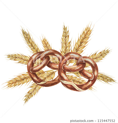 Pretzels with backdrop of golden wheat ears. Watercolor illustration for culinary, bakery, Oktoberfest designs in realistic style. Cereal grain and backed snack clipart for flyers, posters, brewery Pretzels with backdrop of golden wheat ears. Watercolor illustration for culinary, bakery, Oktoberfest designs in realistic style. Cereal grain and backed snack clipart for flyers, posters, brewery 115447552