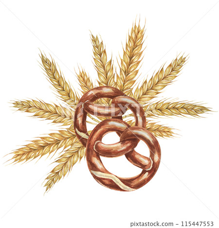Pretzels with backdrop of golden wheat ears. Watercolor illustration for culinary, bakery, Oktoberfest designs in realistic style. Cereal grain and backed snack clipart for flyers, posters, brewery 115447553