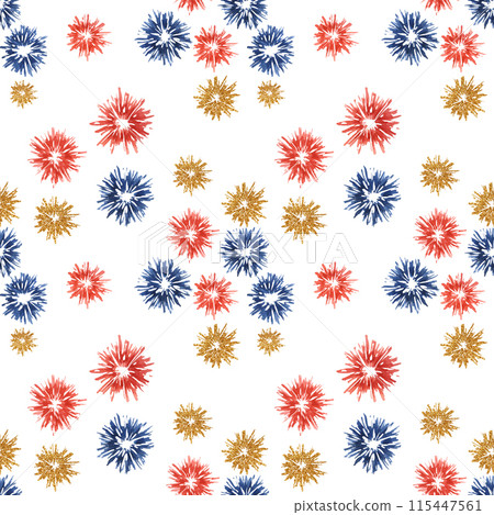 Fourth of July seamless pattern. Red, Blue fireworks bursts backdrop. Independence day holiday background. Hand drawn watercolor 4th of July clipart for wrapping paper, gifts, textile, napkins Fourth of July seamless pattern. Red, Blue fireworks bursts backdrop. Independence day holiday background. Hand drawn watercolor 4th of July clipart for wrapping paper, gifts, textile, napkins 115447561