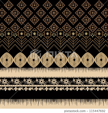 Explore the bold and dynamic world of African ethnic fabric patterns, distinguished by their striking red and black tones. blend geometric styles with ikat techniques, creating a unique and ethnic aes 115447692