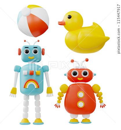 Cute children toys, volume render 3d vector illustration isolated on white 115447917