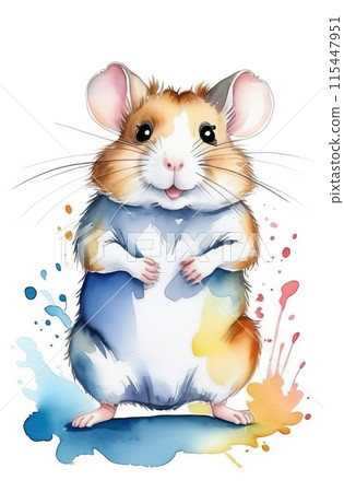 A watercolor illustration of a funny hamster standing on its hind legs, smiling 115447951