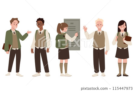 High school children vector set, cartoon teenagers boy and girls wearing school uniform, happy multinational students 115447973