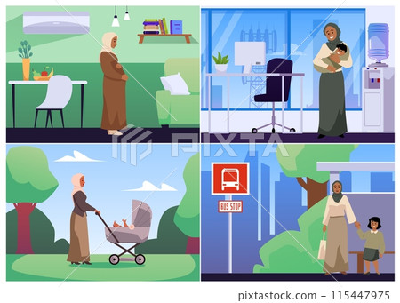 Muslim mother in hijab takes care of newborn baby in office, Islamic pregnant woman at home, happy motherhood vector set 115447975